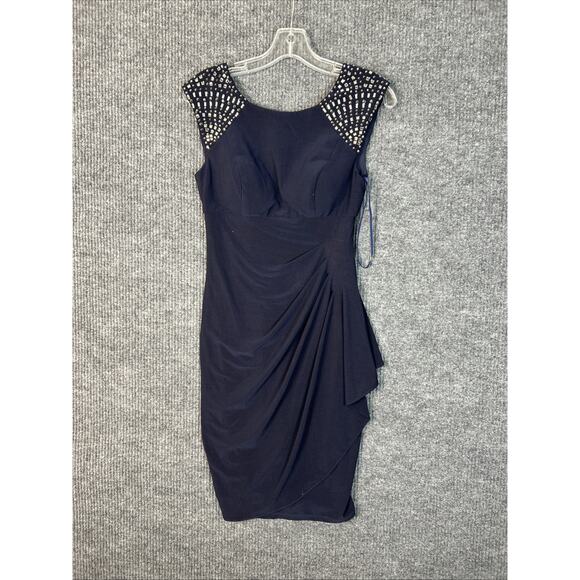 Cache Womens Mini Dress Size 2 Navy Blue Beaded Party Cocktail Ruched Padded New - Picture 1 of 9